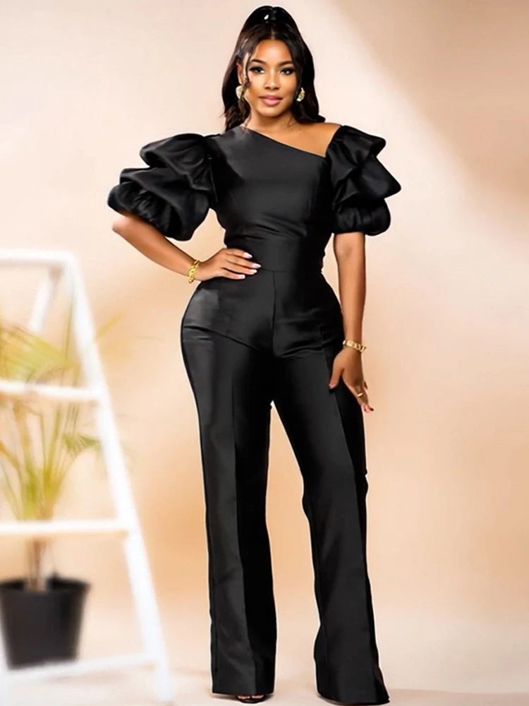 Satin Jumpsuit Woman High Quality Slash Neck Puff Sleeves Party Jumpsuits Woman Elegant Luxury Curvy Evening Jumpsuit Dress
