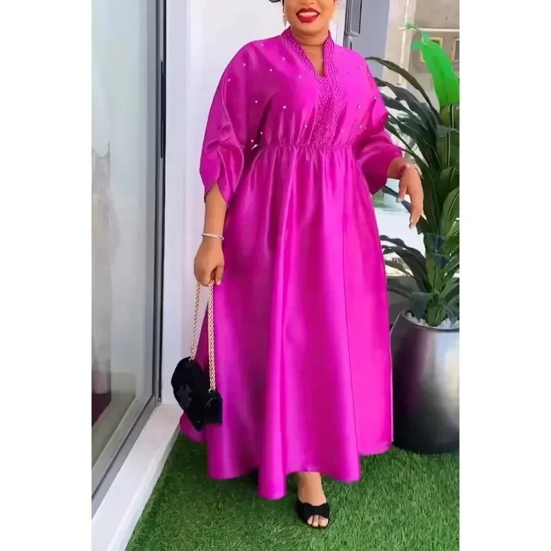 Women Elegant Shiny Satin Loose Party Dress V Neck Beading High Waist Long Gowns Formal Celebrate Evening Event Birthday Robes