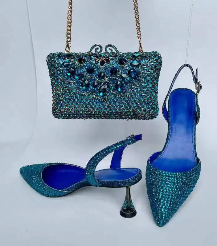 Women's Blue Color Rhinestones high heeled Shoes With Heart Clutch Diamond high-heeled Stiletto sandals For Wedding