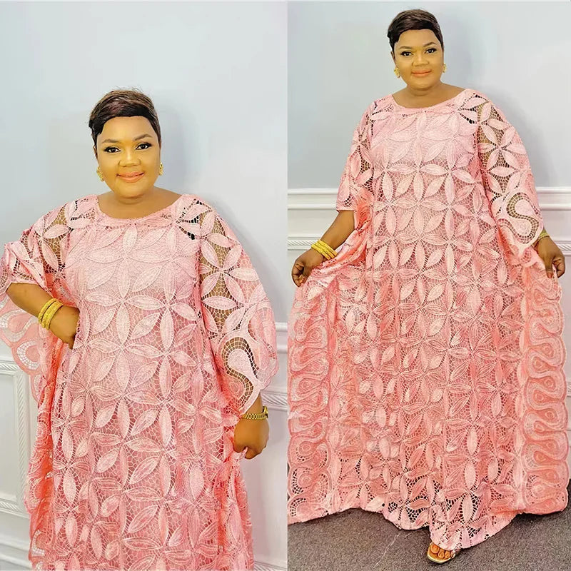 White Lace Hollow Africa Dresses for 2023 Muslim Women Dress African Clothes Dashiki Taditional Boubou Arabic Robe Femme Ramadan