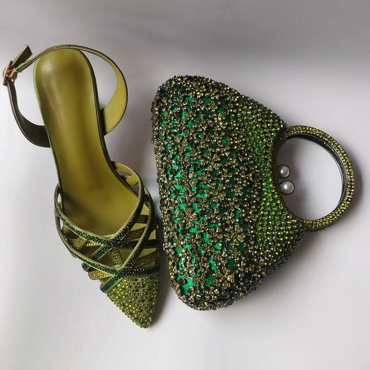 Luxury Olive Green Rhinestones Women's Shoe and Bag Set for Party Wedding Crystals Heeled Pumps and Handbag Sandals