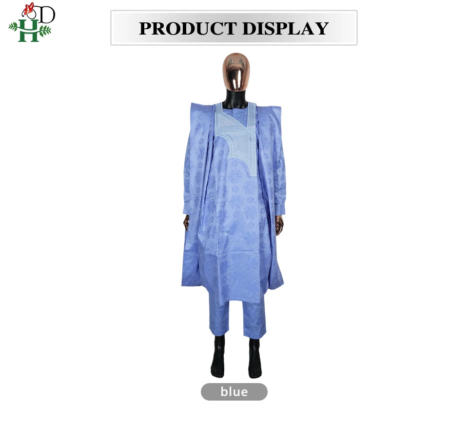H&D African Clothes Embroidery Blue Gown Plus Size For Men Elegant Party Wedding Thobe 3 PC Top and Pants Suits Set Daily Wear