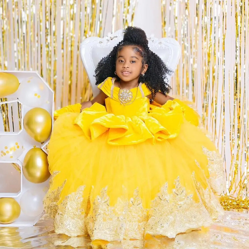 Yellow African Flower Girl Dresses Customized Princess Kids Lace Ball Gown Girls First Birthday Party Dress