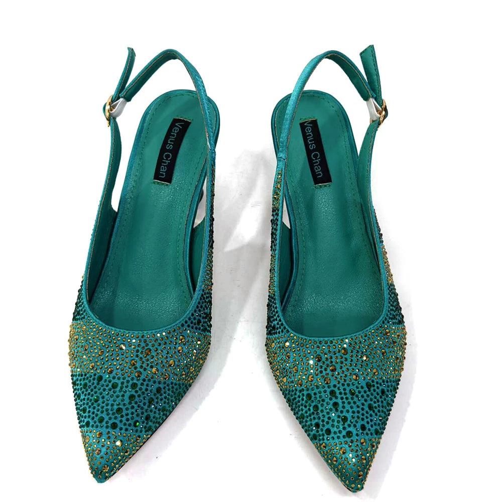 Venus Chan- Elegant High Heels Shoes and Bag Set for Women Pointed Toe Black Color Hollow Rhinestones Matching Bag INS 2024