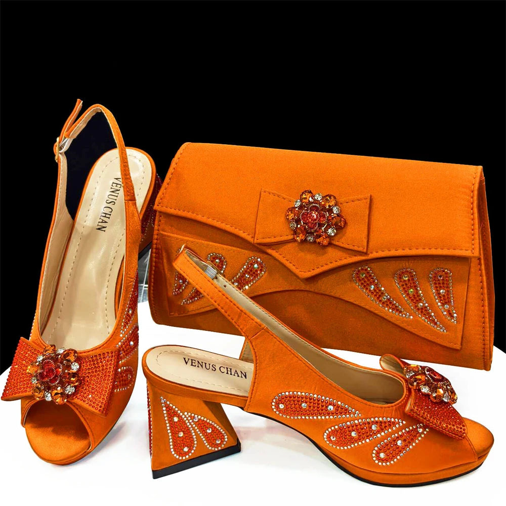 Venus Chan Italian Shoes and Bags Matching Set 2024 Peep Toe High Heels Peach Colour Bow Rhinestones Women Shoes for Party