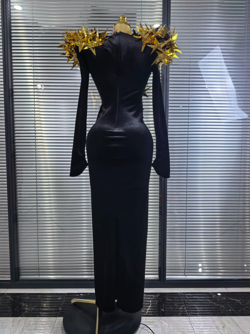 Black Color Women Long Sleeve Golden Stars Velvet Bodycon Long Dress Celebrate Fashion Evening Party Birthday Photo Shoot Wear
