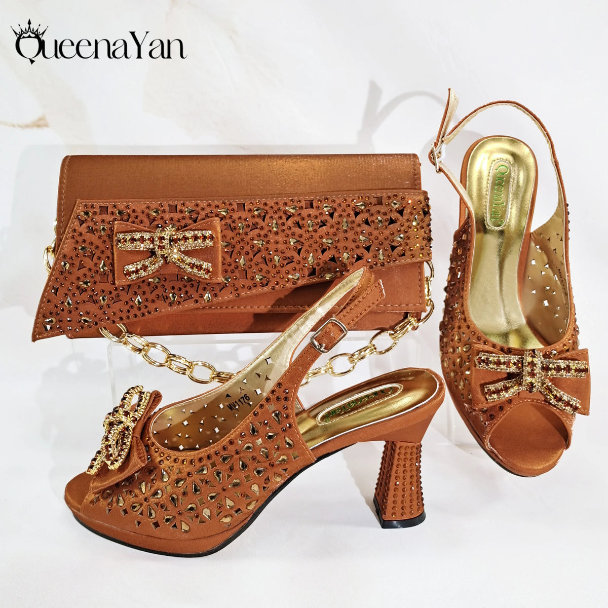 Queena Yan Party Wedding Purple Openwork detailing Stylish Peep Toe Design High Heels and Bag Set Decorated With Rhinestone