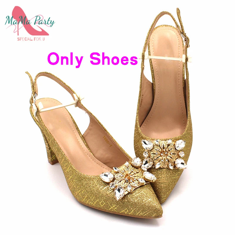 Nigerian Women Shoes and Bag Set in Gold Color High Quality New Arrivals Classics Style for Garden Party