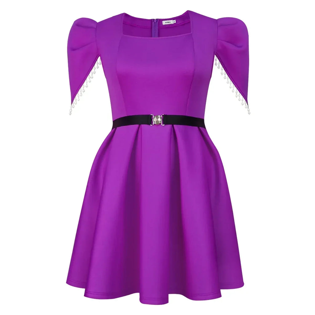 African Women's Square Collar Pearl Bubble Sleeve A-Line Evening Dress Purple Elegant Gown Dashiki African Dresses for Women