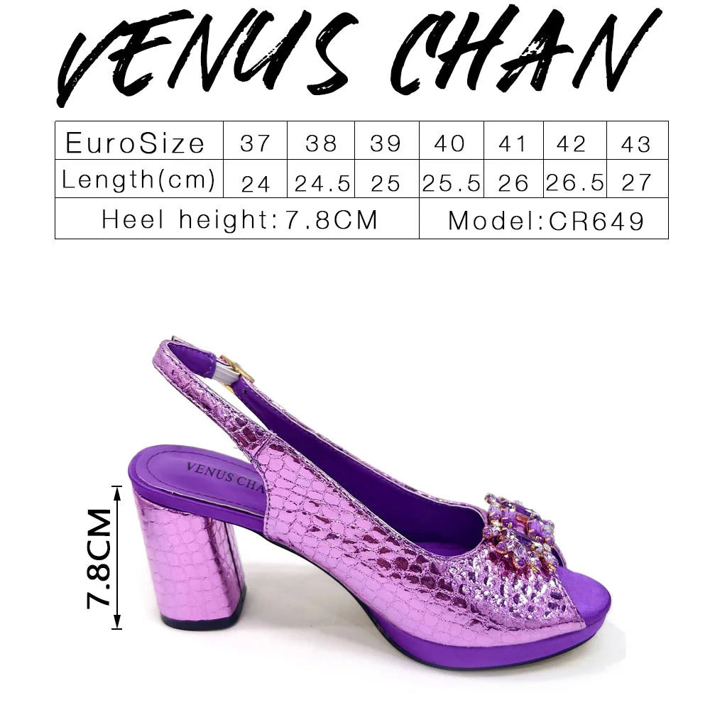 New Arrival Purple Colour Shoe and Bag Set Luxury Designer Shoes Women Matching Wedding Shoes and Bags Decorated With Rhinestone
