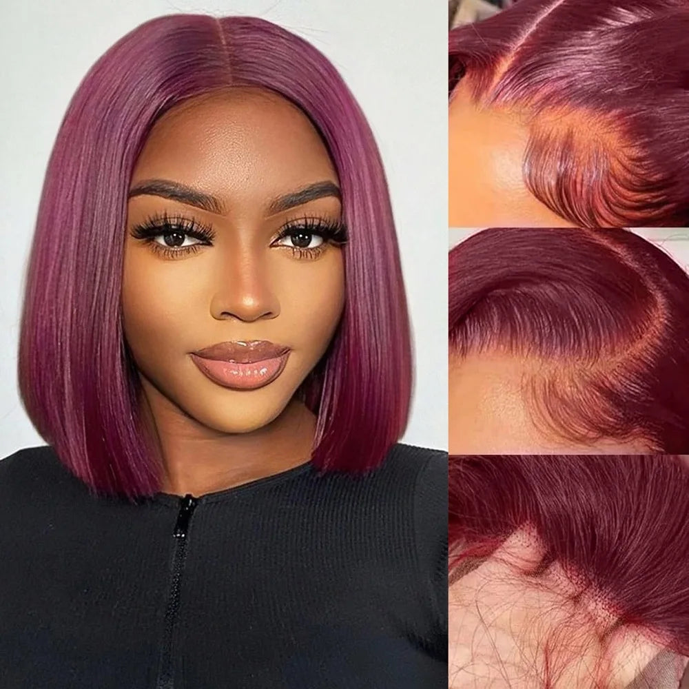 99J Burgundy Bob Wig Human Hair 14 Inch Preplucked Prebleached 13x4 HD Lace Front Wigs 200 Density Short Bob Straight Human Hair