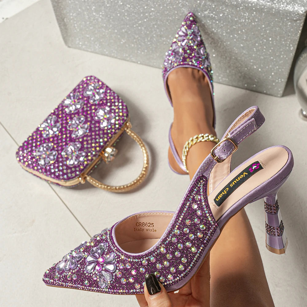 Elegant Italian Rhinestone Pointed-Toe High Heel Shoes with Matching Handbag Set - Stylish & Comfortable Women's Footwear