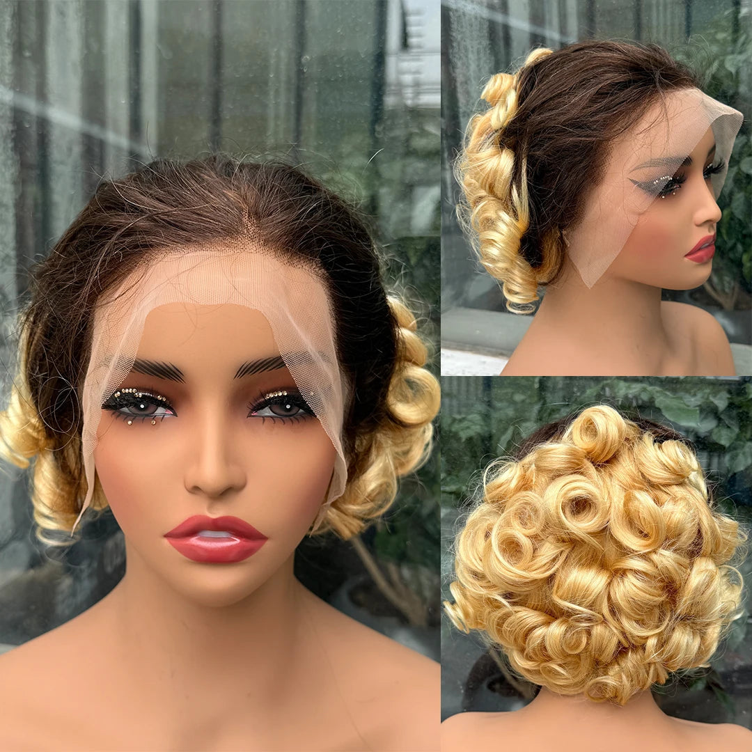 613# Pixie Cut Wigs Human Hair Loose Wave Curly Wig 13x4 Lace Front Human Hair Wig  260% Density 8Inch for Black Women