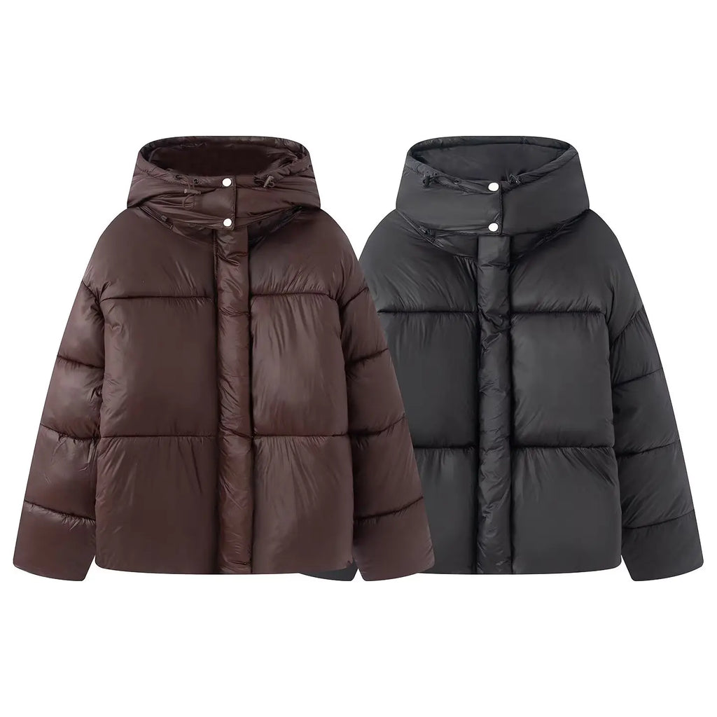 HH Female Winter Casual High Collar Warm Jackets Solid Hooded Long Sleeve Buttons Zipper Woman's New Fashion Loose Coats 2 Color