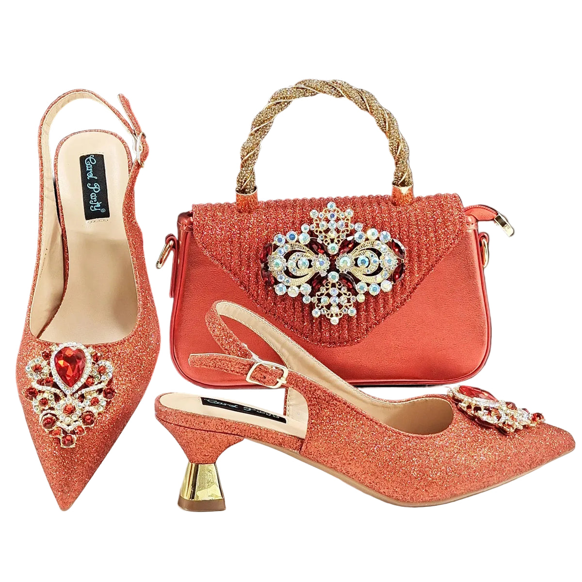 Italian Design Peach Color Pointed Toe Shoe & Bag Set Rhinestone Luxury  Women's High Heels for Parties By QSGFC