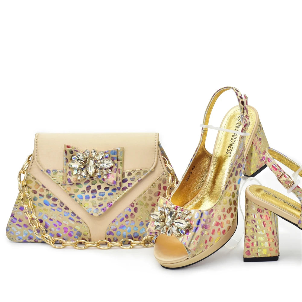 Matching Shoes and Bags Sets for Women Peep-Toe Heel Pumps for Women with Diamonds Shoe and Bag Set for Party in Woman Italian