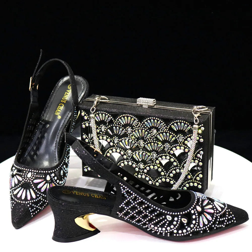 2024 Black Color Newest INS Style Elegant Party High Heels Nigeria Popular Design African Ladies Shoes And Bag Set
