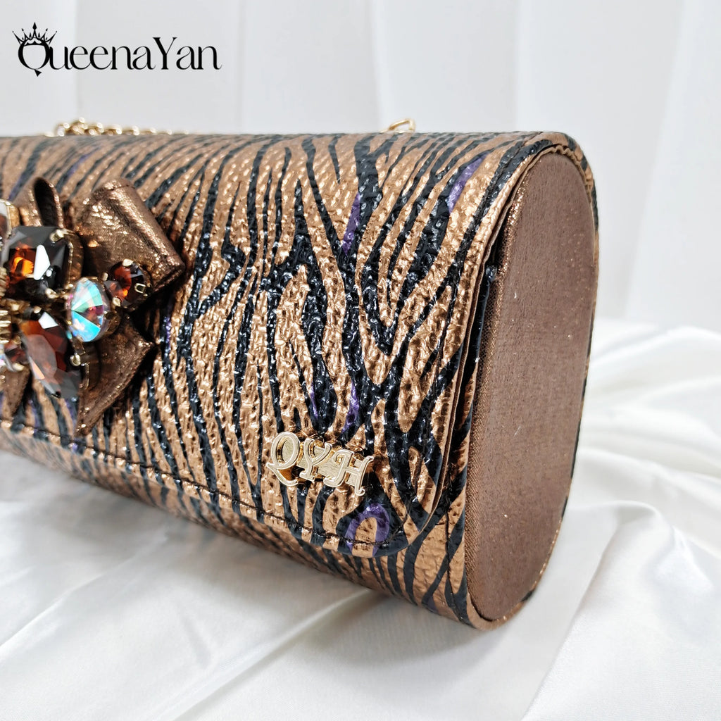 Queena Yan Striped and Leopord Design Mature Style Party Wedding Peep Toe High Heels and Bag Set Decorated With Rhinestone