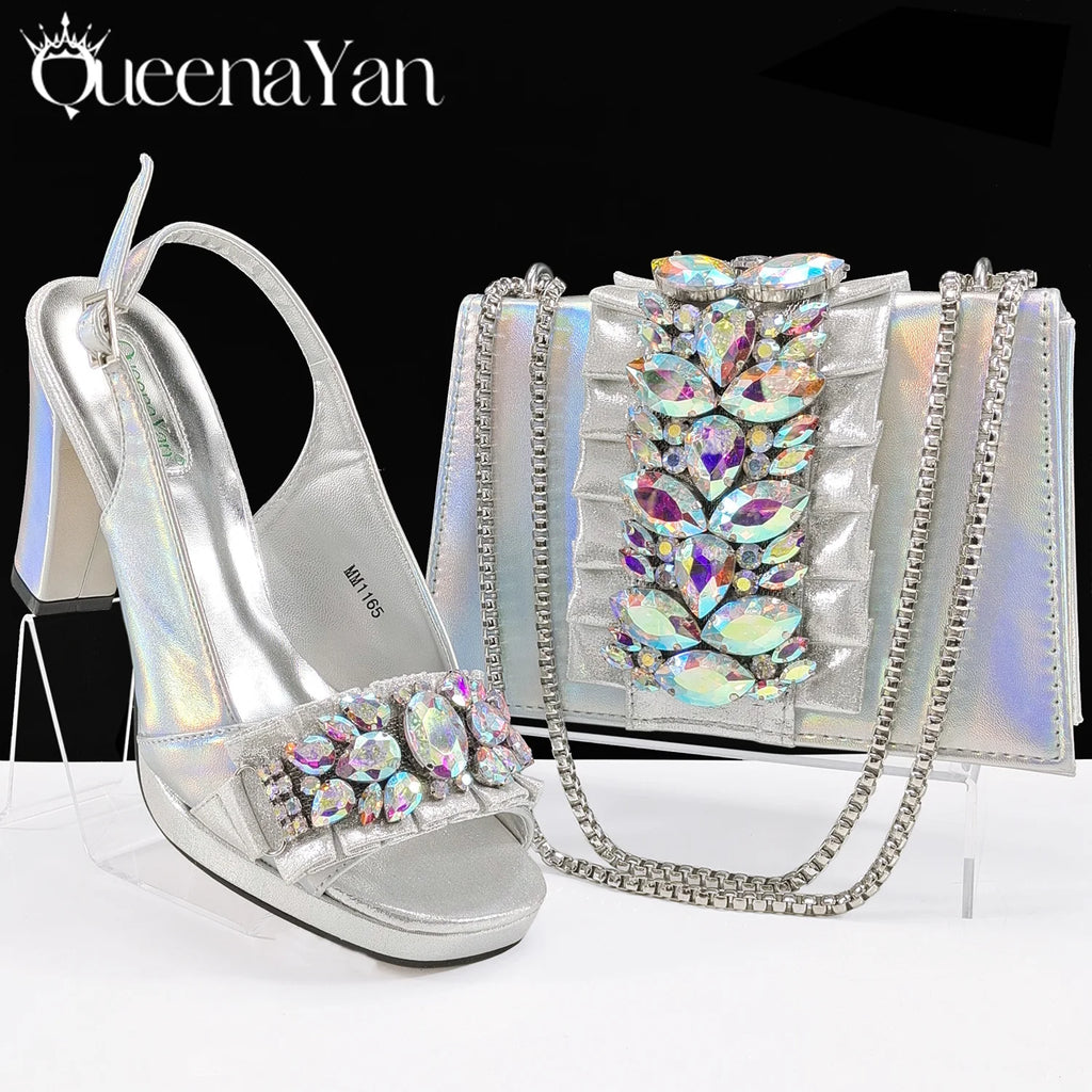 Queena Yan Spot goods Elegant Women Heels Shoes and Bag Set Decoration Rhinestones Women High Heels Shoes OL Bag And Shies