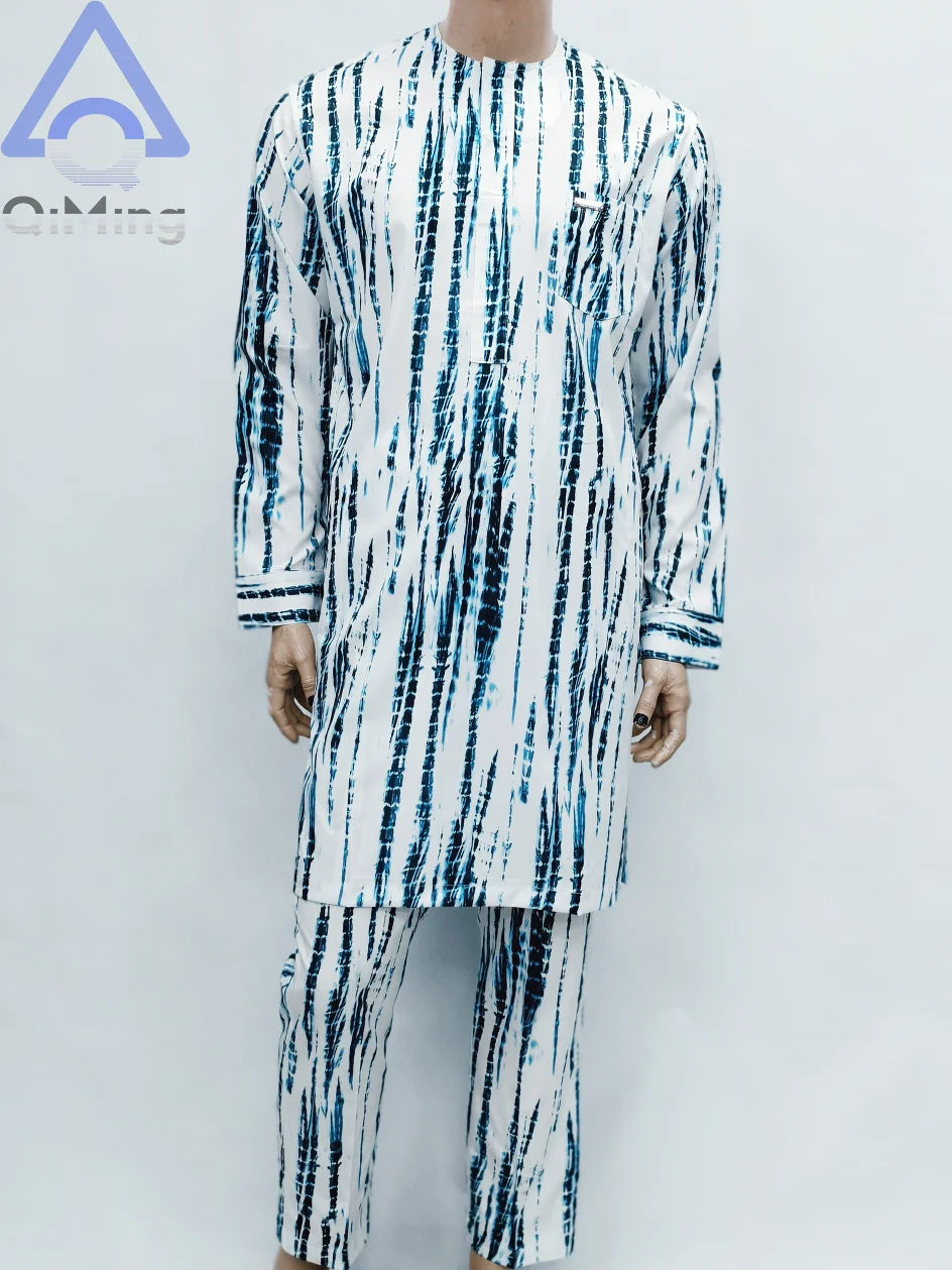 African Muslim Men's Fashion Clothing 2 Pieces White Color-Blocking Tie-Dyeing Printing Modern Prayer Moroccan Islamic Dress