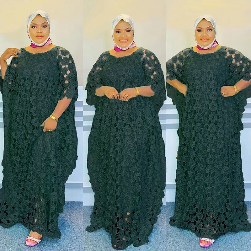 White Lace Hollow Africa Dresses for 2023 Muslim Women Dress African Clothes Dashiki Taditional Boubou Arabic Robe Femme Ramadan