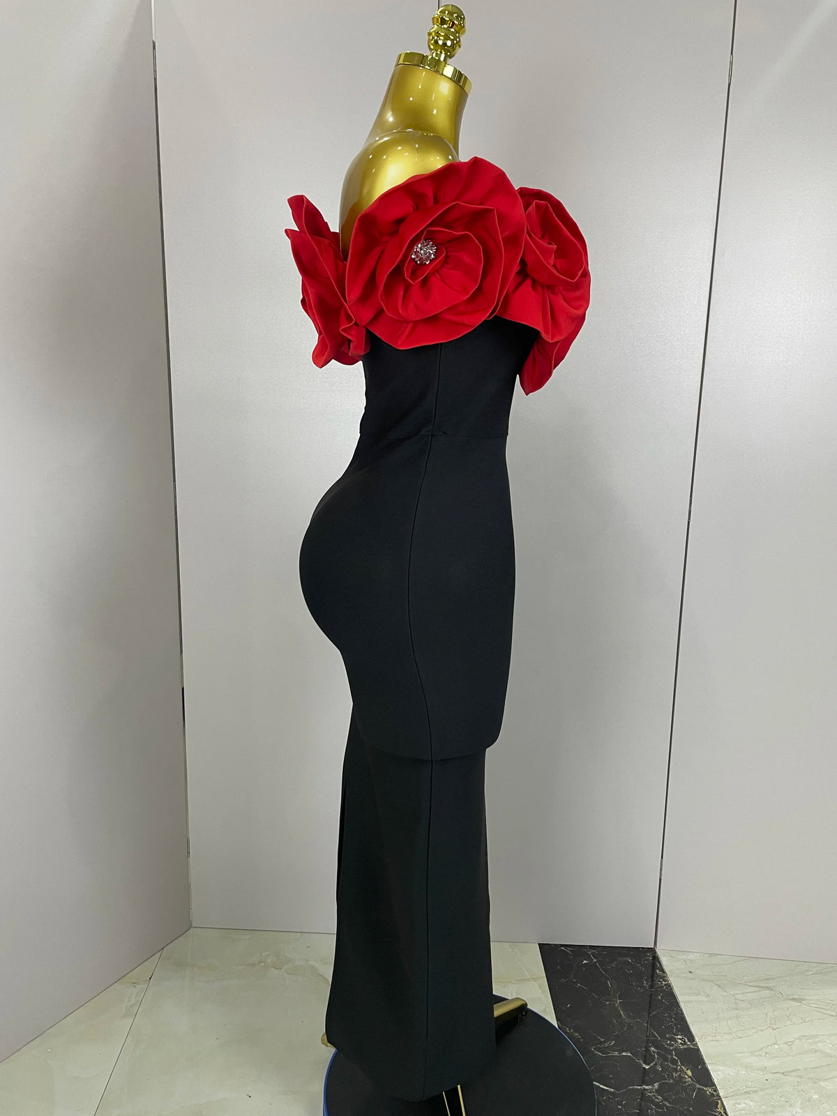 New Stereoscopic Red Flowers Sexy Off The Shoulder Ankle Lenght Bandage Dress Woman Birthday Party Vestido Wedding Party Outfit