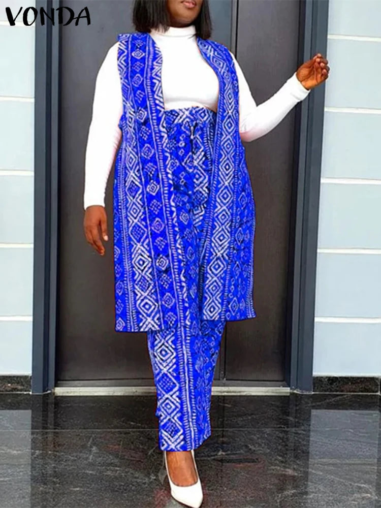 VONDA Plus Size Women Sexy Sleeveless Wide Leg Pants Sets 2024 Summer Vintage Tops Sets Bohemian Printed Suits Elegant Outfits