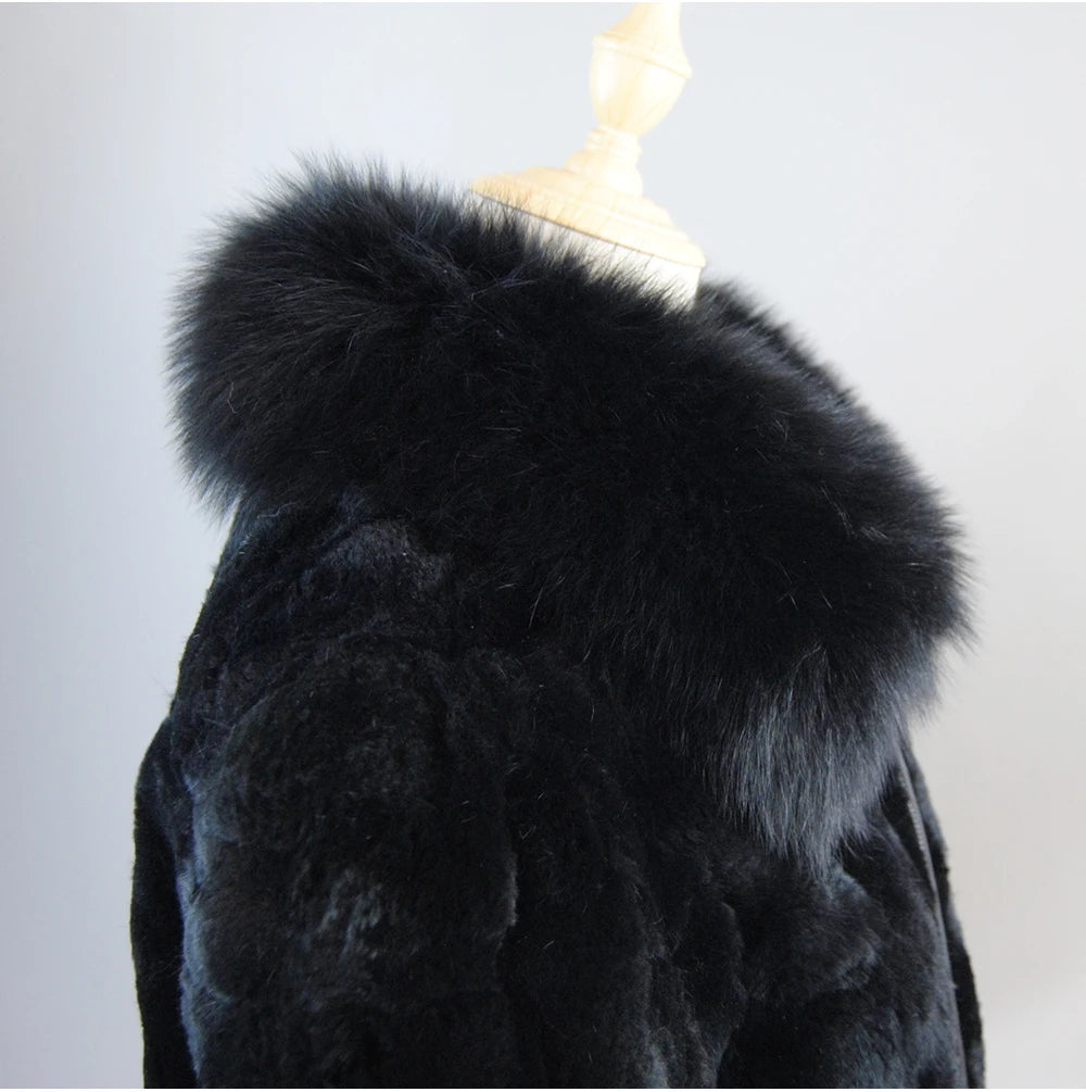 New Luxury Lady 100% Natural Rex Rabbit Fur Coat Women Winter Thick Warm Real Rex Rabbit Fur Jacket With Quality Fox Fur Collar