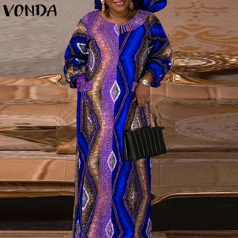Plus Size 5XL VONDA Women Maxi Dress Bohemian Printing Long Sleeve Vestidos Vintage Sundress Casual Loose Oversized Robe Party