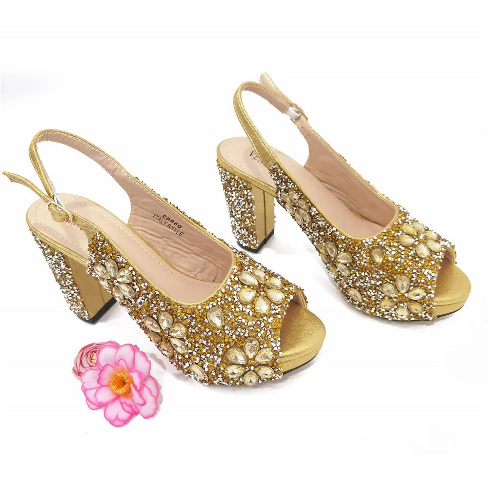 New Shoe and Matching Bag for Nigeria Party Slip on Shoes for Women Ladies Italian Shoes and Bag Set Decorated with Rhinestone
