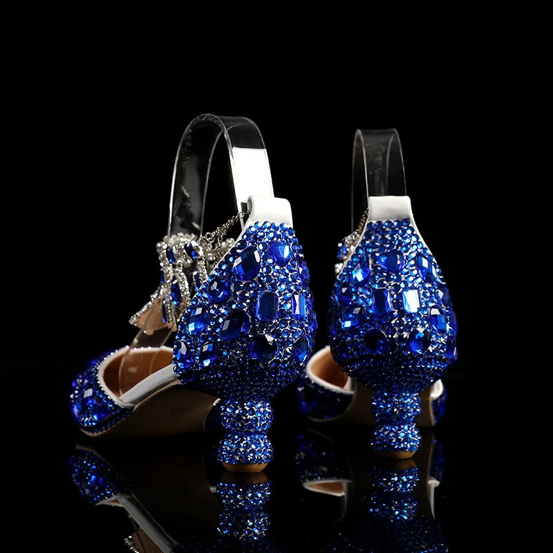 New 5cm Rhinestone shoes buckle round heel blue pointed Crystal Wedding sandals social dance Prom shoes Latin  shoes size 35-43