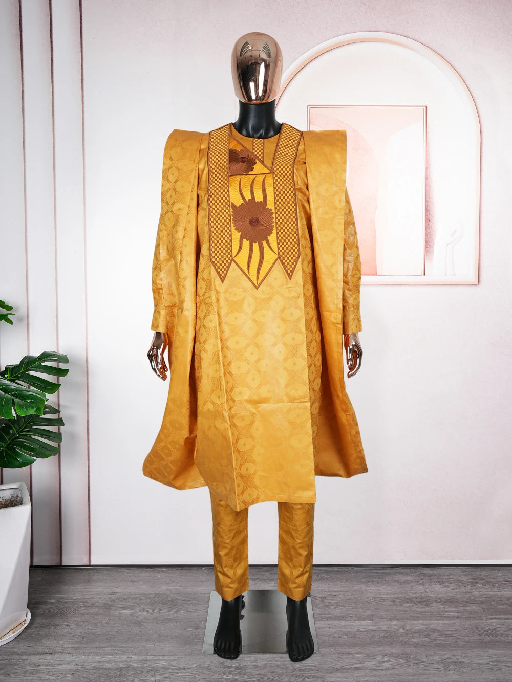 H&D African Clothes Men Native Wear Formal Traditional Embroidery Bazin Riche Dashiki Yellow Shirt Pants 3PCS Bubu Dress Suit
