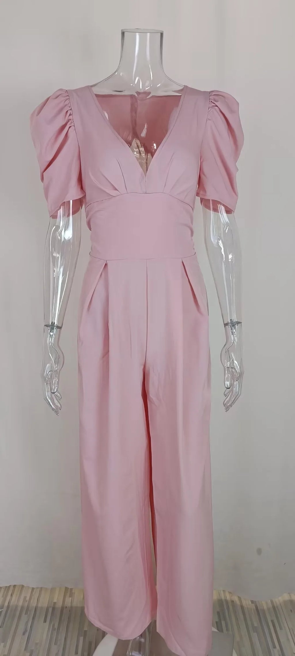 Casual Elegant Women's Summer Trendy Deep V-Neck Puff Sleeve Hollow Backless High Waist Jumpsuit Sexy Slim Pearl Button Belt