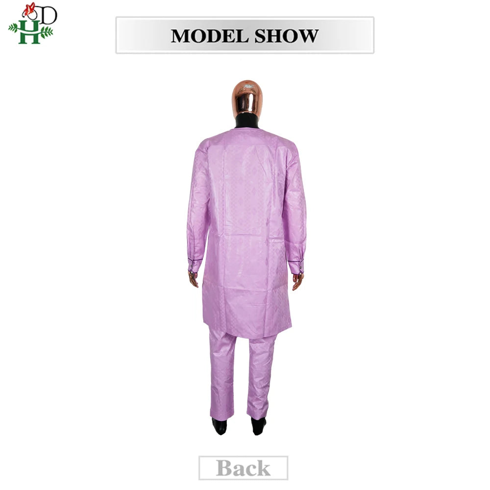 H&D African Clothing For Man Traditional Agbada Sets 2PCS Purple Bazin Riche Shirt Pant Embroidery Wedding Party Suits Plus Size