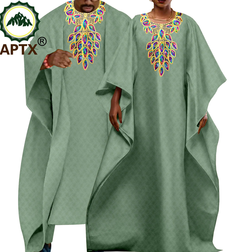 African Couple Clothes Men Embroidery Robe Shirt Pants 3 Pieces Set Women Dress V-neck Ankara Riche Attire Causal Wear T23C006