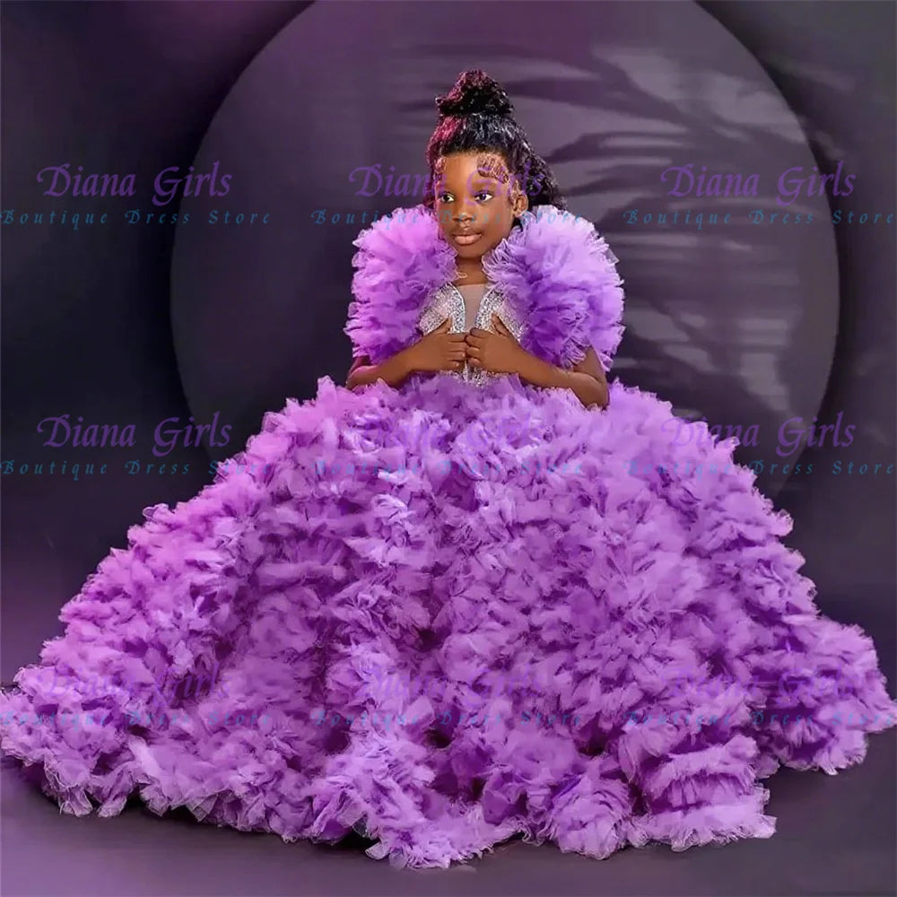 Flower Girl Dress Luxury Pink Beaded For Wedding Ruffles Floral Toddler Pageant Gowns Tulle Ball Kids Birthday Gift Dresses