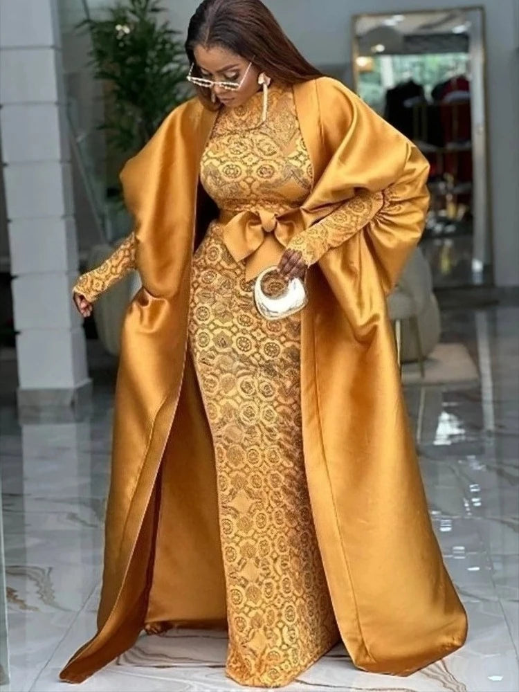 Elegant African Two Pieces Set Inside Bodycon Lace Dresses Sheer Bow Belt Kaftan Boubou Gowns Shiny Robe Weddings Event Occasion