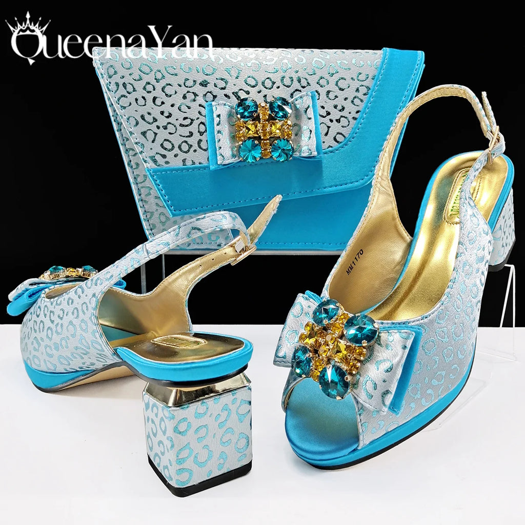 Queena Yan Light Blue Elegant Italian Rhinestone Wedding Shoe and Bag Set -Women Heels and Matching Handbag for Party