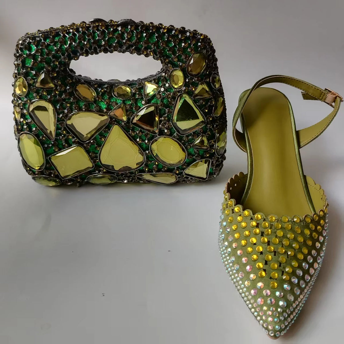 Luxury Olive Green Rhinestones Women's Shoe and Bag Set for Party Wedding Crystals Heeled Pumps and Handbag Sandals