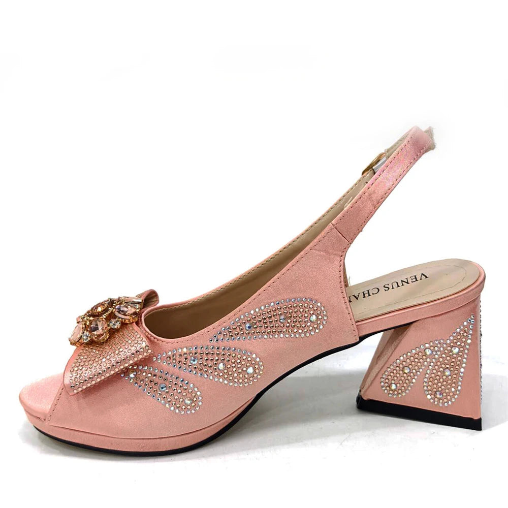 Venus Chan Italian Shoes and Bags Matching Set 2024 Peep Toe High Heels Peach Colour Bow Rhinestones Women Shoes for Party