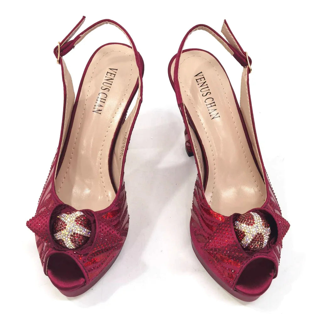 Venus Chan 2024 Newest Arrival Wine Red Color Peep Toe Women Sandals Shoes Matching Bag Set For Ladies Wedding Party Pump