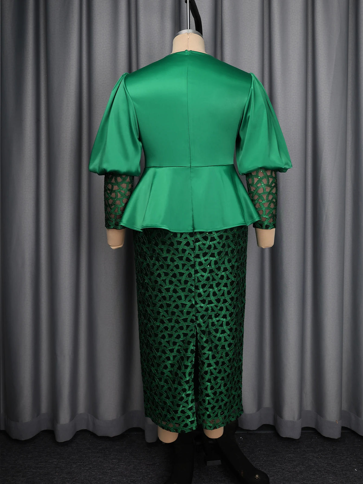 Luxury Women Curve Package Hip Dress O Neck Satin Patchwork Sequin Lace Puff Sleeves Peplum Belt Formal Events Special Occasions