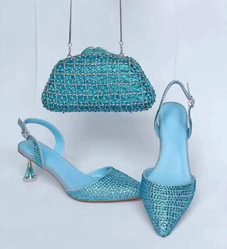 Women's Blue Color Rhinestones high heeled Shoes With Heart Clutch Diamond high-heeled Stiletto sandals For Wedding