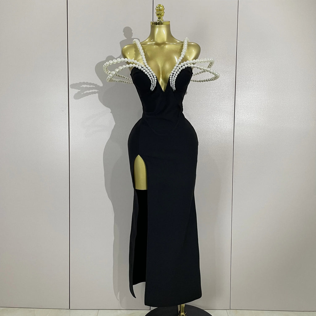 Luxury Designer Pearls V Neck Maxi Long Bandage Bodycon Dress Women Celebrity Evening Party Birthday Gowns Singer Stage Costumes