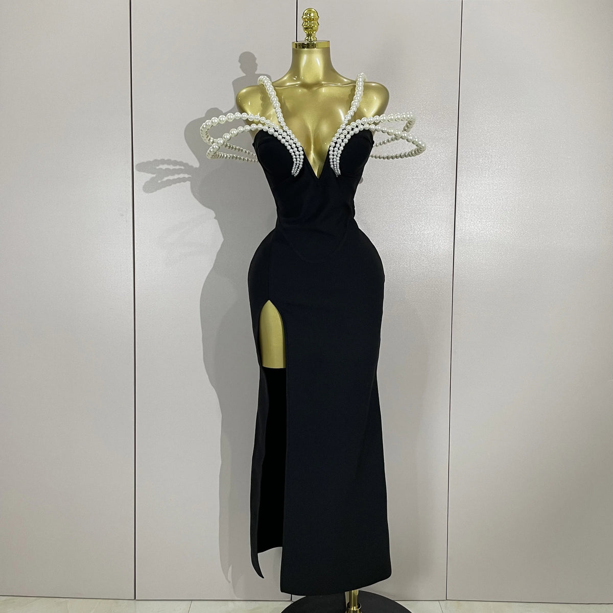 Luxury Designer Pearls V Neck Maxi Long Bandage Bodycon Dress Women Celebrity Evening Party Birthday Gowns Singer Stage Costumes