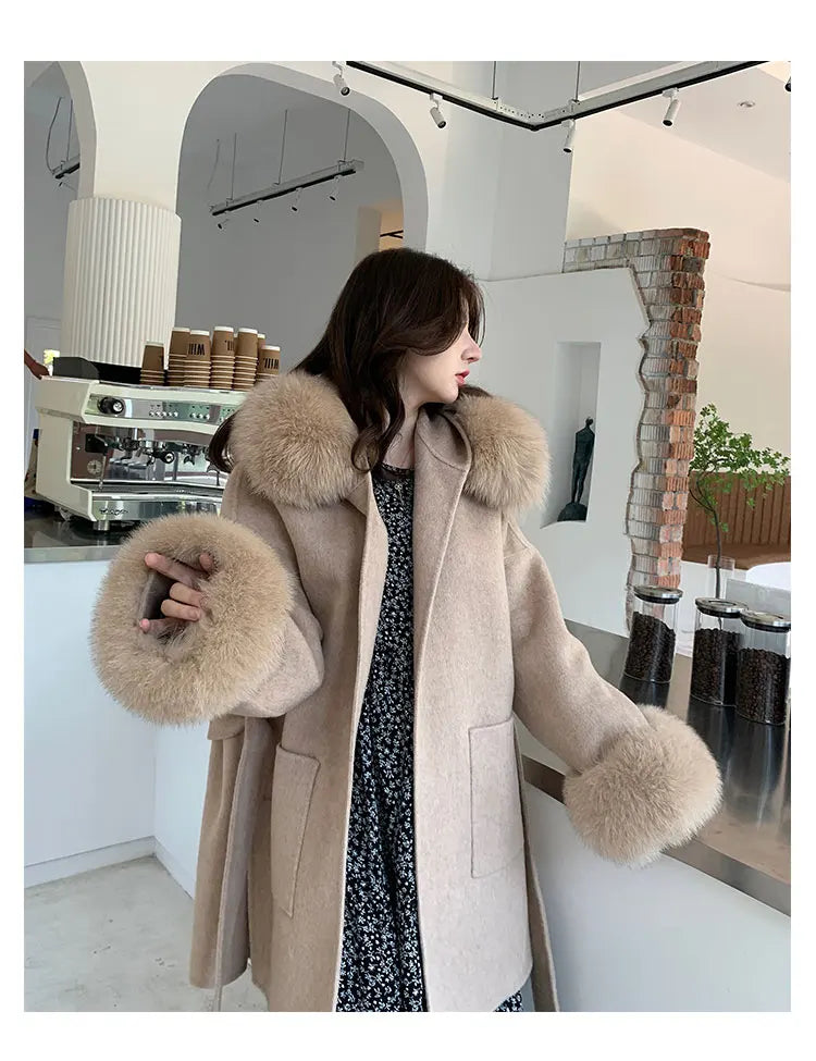 Faced Wool Ladies Winter Jacket Hooded coats Women Luxurious Real Fox Fur Coat Lose Clothing Cashmere Double