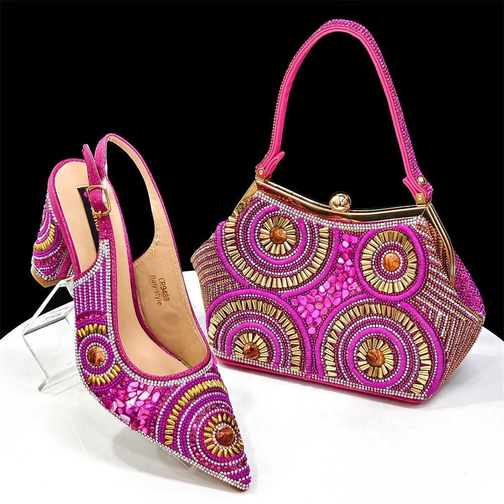 2025 Fashion Newest Arrival Orange Pointed Toe Women Sandals Shoes Matching Bag Set for Ladies Wedding Party Pump
