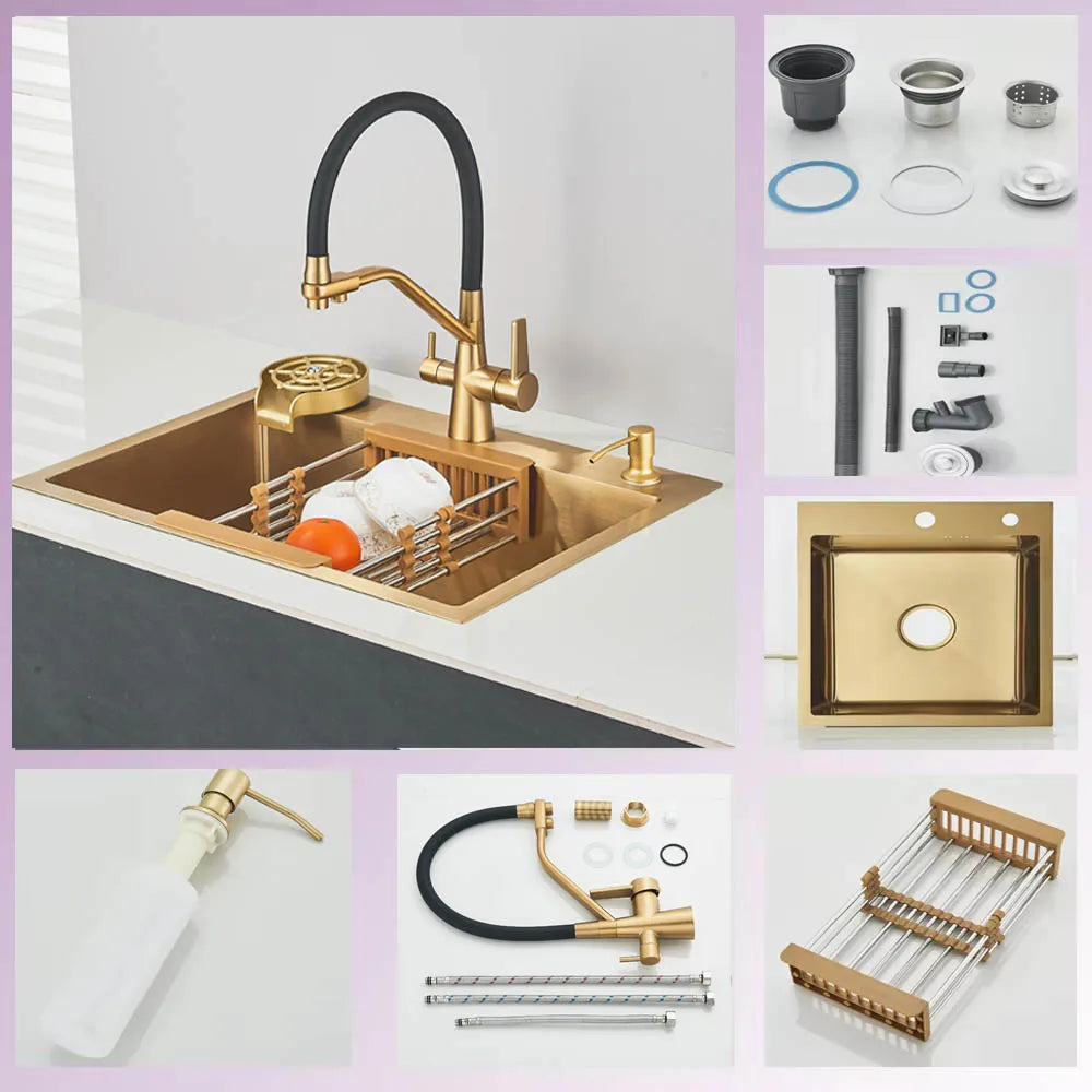 Matte Black 304 Stainless Steel kitchen Sinks Cold And Hot Water Mixer With Soap Dispenser And Cup Disher