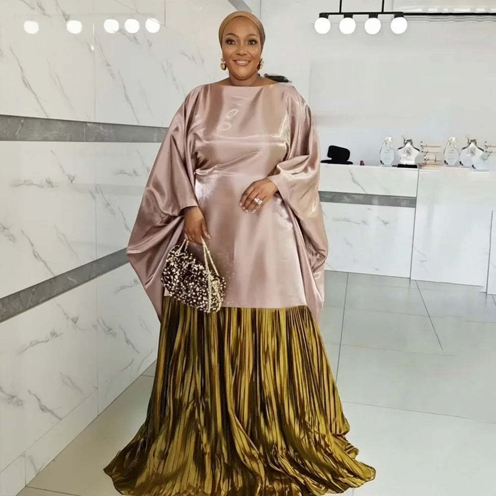 Elegant Patchwork Bubu Dresses Slash Neck Long Batwing Sleeves Pleated Hem Kaftan Loose Africa Traditional Party Event Gowns New