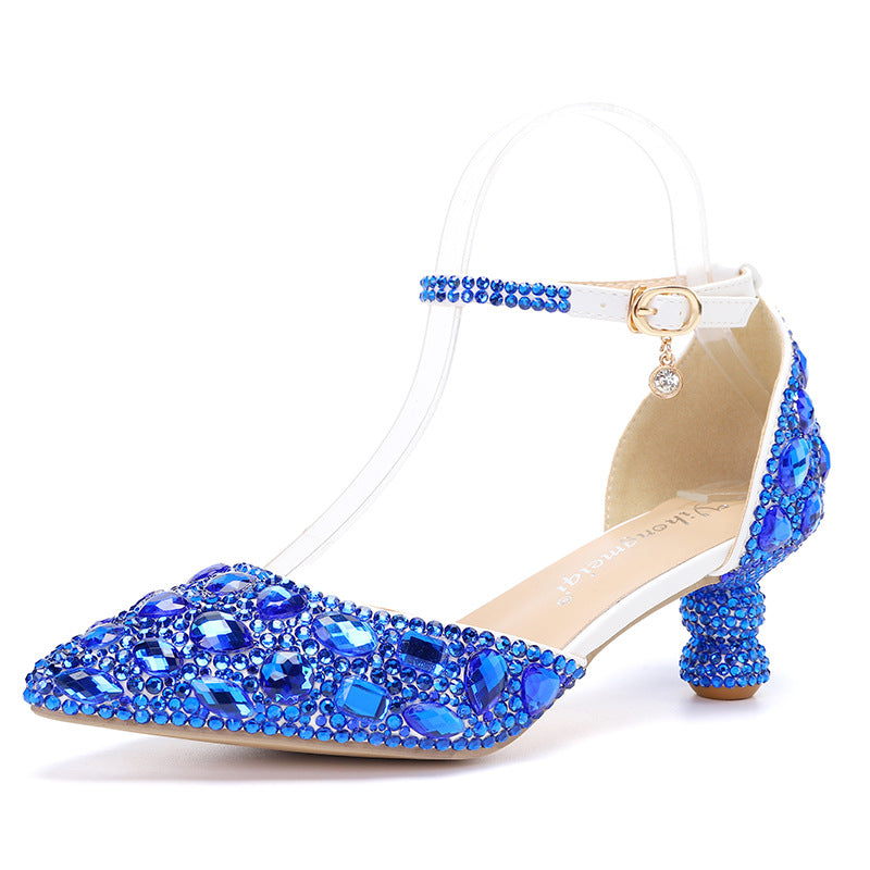New 5cm Rhinestone shoes buckle round heel blue pointed Crystal Wedding sandals social dance Prom shoes Latin  shoes size 35-43